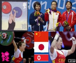 puzzel Gewichtheffen vrouwen 48 kg podium, Wang Mingjuan (China), Hiromi Miyake (Japan) en Ryang Chun-Hwa (Noord Korea) - Londen 2012-