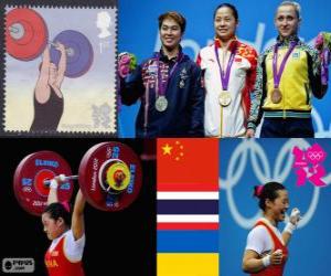 puzzel Gewichtheffen vrouwen 58 kg podium, Li Xueying (China), Pimsiri Sirikaew (Thailand) en Yulia Kalina (Oekraïne) - Londen 2012-