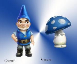 puzzel Gnomeo is een knappe en trotse Blue Garden Gnome, samen met zijn trouwe en trouwe metgezel gips Mushroom Shroom