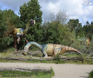 puzzel Groep van drie dinosauriërs in het landschap