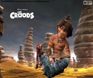 puzzel Guy, een slimme tiener die een nieuwe wereld tot de familie Croods toont