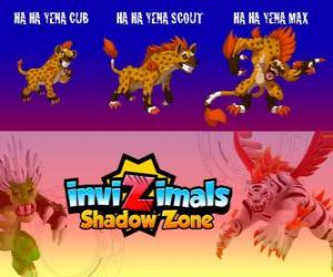 puzzel Ha Ha Yena Cub, Ha Ha Yena Scout, Ha Ha Yena Max. Invizimals Shadow Zone. De nar van de savanne grappen met iedereen