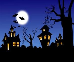 puzzel Haunted huis op Halloween - Full moon, vleermuizen