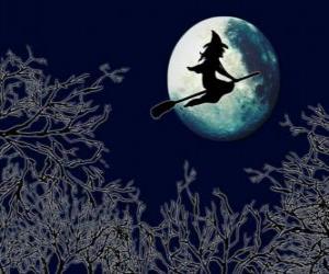 puzzel Heks vliegen op haar magische bezem op Halloween nacht