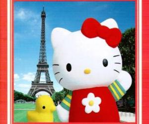 puzzel Hello Kitty met een birdie en de Eiffeltoren op de achtergrond