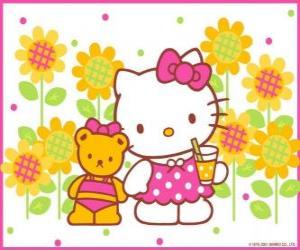 puzzel Hello Kitty met een drankje op het platteland met haar teddybeer Tiny Chum