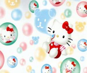 puzzel Hello Kitty speelt om zeepbellen blazen