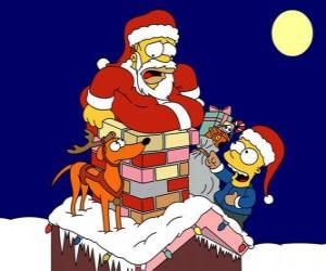 puzzel Homer en Bart Simpson helpen Santa Claus met geschenken