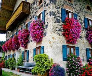 puzzel Huis in het voorjaar met bloemen in de ramen