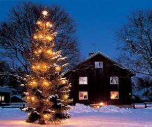 puzzel Huis met een grote versierde kerstboom in de tuin