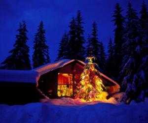 puzzel Huis met een grote versierde kerstboom in de tuin