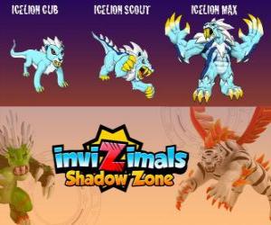 puzzel Icelion Cub, Icelion Scout, Icelion Max. Invizimals Shadow Zone. Dodelijk eenzame jager met het lichaam gemaakt van ijs, dat leeft in de poolgebieden