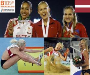 puzzel Ineta Radevi&#269;a verspringen kampioen, Naide Gomes en Olga Kucherenko (2e en 3e) van het Europees Kampioenschap Atletiek 2010 in Barcelona