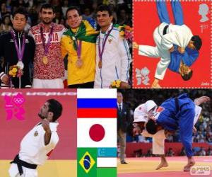 puzzel Judo mannen - 60 kg podium, Arsen Galstian (Rusland), Hiroaki Hiraoka (Japan) en Philip Kitadai (Brazilië), (Oezbekistan) - Londen 2012 - Rishod Sobirov