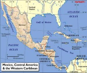 puzzel Kaart van Mexico en Centraal-Amerika. Midden-Amerika, subcontinent aansluiten van Noord-Amerika en Zuid-Amerika