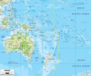 puzzel Kaart van Oceanië. Continent gevormd door Australië en andere eilanden en eilandengroepen in de Stille Oceaan