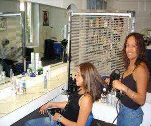 puzzel Kapper kammen en drogen van het haar aan een klant in de beautysalon of de kapper