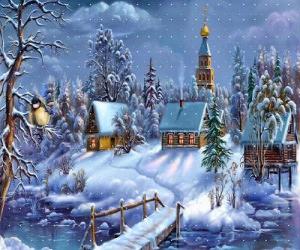 puzzel Kerk met Kerstmis met dennen onder de sterren