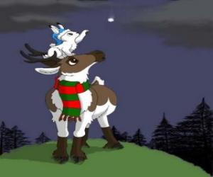 puzzel Kerst rendier met sjaal en een wit konijn boven zijn hoofd wil hij een ster te vangen