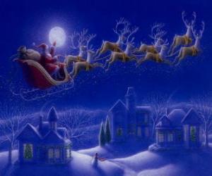 puzzel Kerstman in zijn magische slee getrokken door rendieren die op kerstnacht