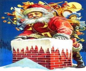 puzzel Kerstman komt binnen via de schoorsteen beladen met vele geschenken