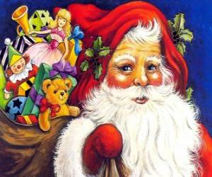 puzzel Kerstman met een grote zak vol speelgoed te geven aan kinderen met Kerstmis