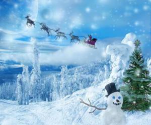 puzzel Kerstman zwaaien van de magische slee vol met kerstcadeaus
