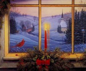puzzel Kerstmis sleeën verlicht voor een raam