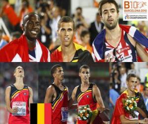 puzzel Kevin Borlee 400 m Kampioen, Michael Bingham en Martyn Rooney (2e en 3e) van het Europees Kampioenschap Atletiek 2010 in Barcelona