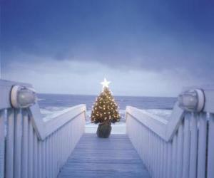 puzzel Kleine versierde kerstboom tegenover de zee