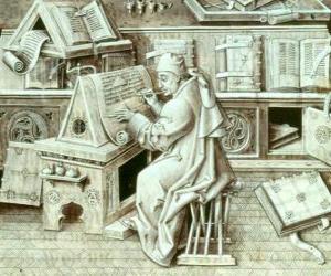 puzzel Kopiist monnik werken als met pen en inkt op perkament of papier in het scriptorium