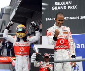 puzzel Lewis Hamilton viert zijn overwinning op Spa-Francorchamps, België Grand Prix 2010