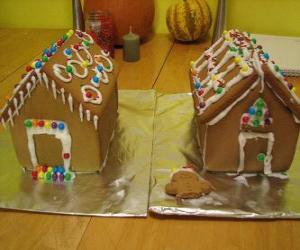 puzzel Lieve en mooie kerstbal, twee huisjes van peperkoek