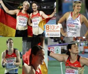 puzzel Linda Stahl kampioen in het speerwerpen, Barbora Spotakova en Christina Obergfoll (2e en 3e) van het Europees Kampioenschap Atletiek 2010 in Barcelona