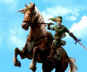 puzzel Link op paard met een zwaard in de avonturen van The Legend of Zelda game