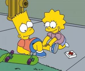puzzel Lisa Simpsons genezen zijn broer Brat na een val in een skateboarden