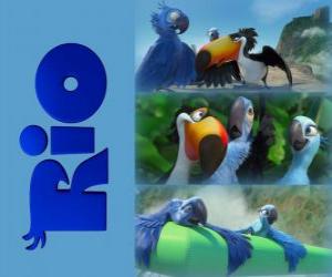 puzzel Logo van Rio de film met drie van haar protagonisten: de ara's Blu, Jewel en de toekan Rafael
