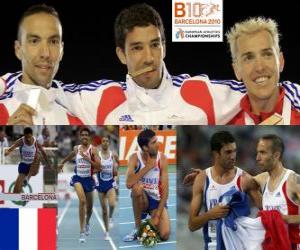 puzzel Mahiedine Mekhissi-Benabbes 3000 m steeplechase kampioen, Bouabdellah Tahri en Jose Luis Blanco (2e en 3e) van het Europees Kampioenschap Atletiek 2010 in Barcelona