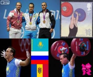 puzzel Mannen 94 kg Gewichtheffen podium, Ilya Iljin (Kazachstan), Alexandr Ivanov (Rusland) en Anatoly Ciricu (Moldavië) - Londen 2012-