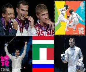 puzzel Mannen individueel sabel podium, Áron Szilágyi (Hongarije), Diego Occhiuzzi (Italië) en Nikolai Kovalev (Rusland) - Londen 2012-