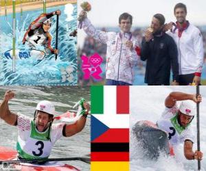 puzzel Mannen slalom K1 podium, Daniele Molmenti (Italië), Kanovaren Vavřinec Hradilek (Tsjechië) en Hannes Aigner (Duitsland) - Londen 2012-