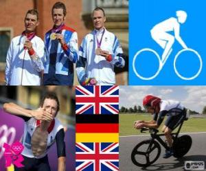 puzzel Mannen weg tijd proces fietsen podium, Bradley Wiggins (Verenigd Koninkrijk), Tony Martin (Duitsland) en Christopher Froome (Verenigd Koninkrijk) - Londen 2012-