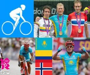 puzzel Mannen Wegwedstrijd podium, Alexander Vinokourov (Kazakhstan), Rigoberto Urán (Colombia) en Alexander Kristoff (Noorwegen) - Londen 2012-