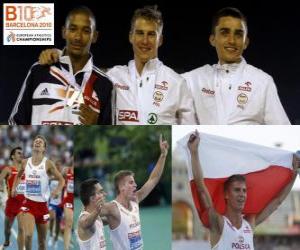 puzzel Marcin Lewadowski 800 meter kampioen, Michael Rimmer en Adam Kszczot (2de en 3de) van het Europees Kampioenschap Atletiek 2010 in Barcelona