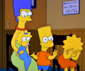 puzzel Marge met hun kinderen Bart, Lisa en Maggie in het kantoor van de dokter