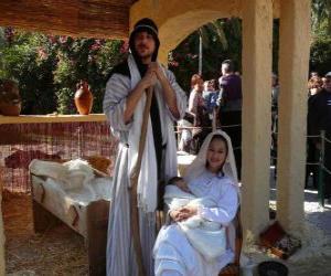 puzzel Maria, Jozef en kindje Jezus in de kribbe levende