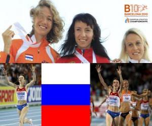 puzzel Maria Savinov kampioen op 800 m, Yvonne Hak en Jennifer Meadows (2e en 3e) van het Europees Kampioenschap Atletiek 2010 in Barcelona