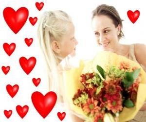 puzzel Meisje met een boeket bloemen voor zijn moeder en rode hartjes