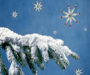 puzzel met sneeuw bedekte dennen tak