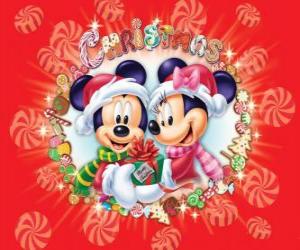 puzzel Mickey en Minnie Mouse wraped opwarmen met Kerstman hoeden